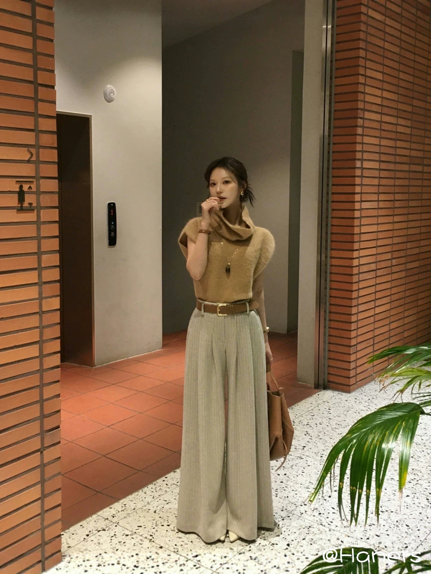 高腰條紋毛料西褲