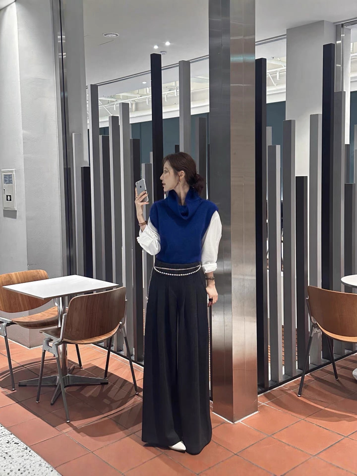 高腰條紋毛料西褲