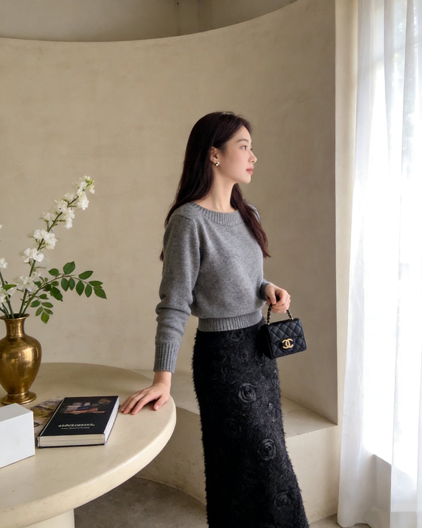 立體玫瑰花毛絨A字裙（S-L)