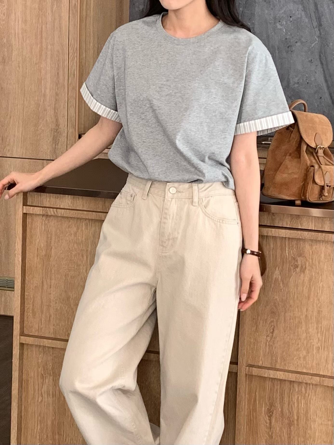 休閑條紋邊Tee