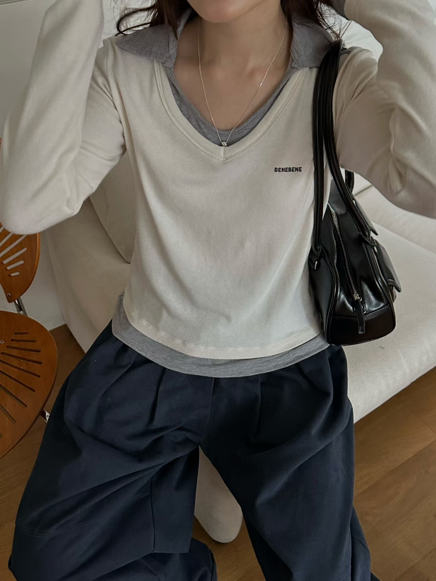 假兩件polo彈力top