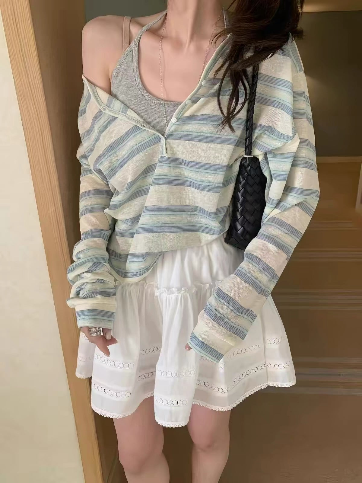 間條開衫上衣￼