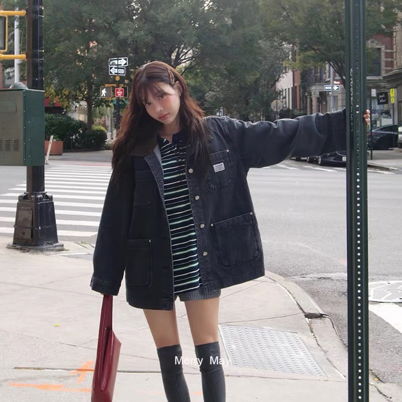 牛仔撞色長袖外套