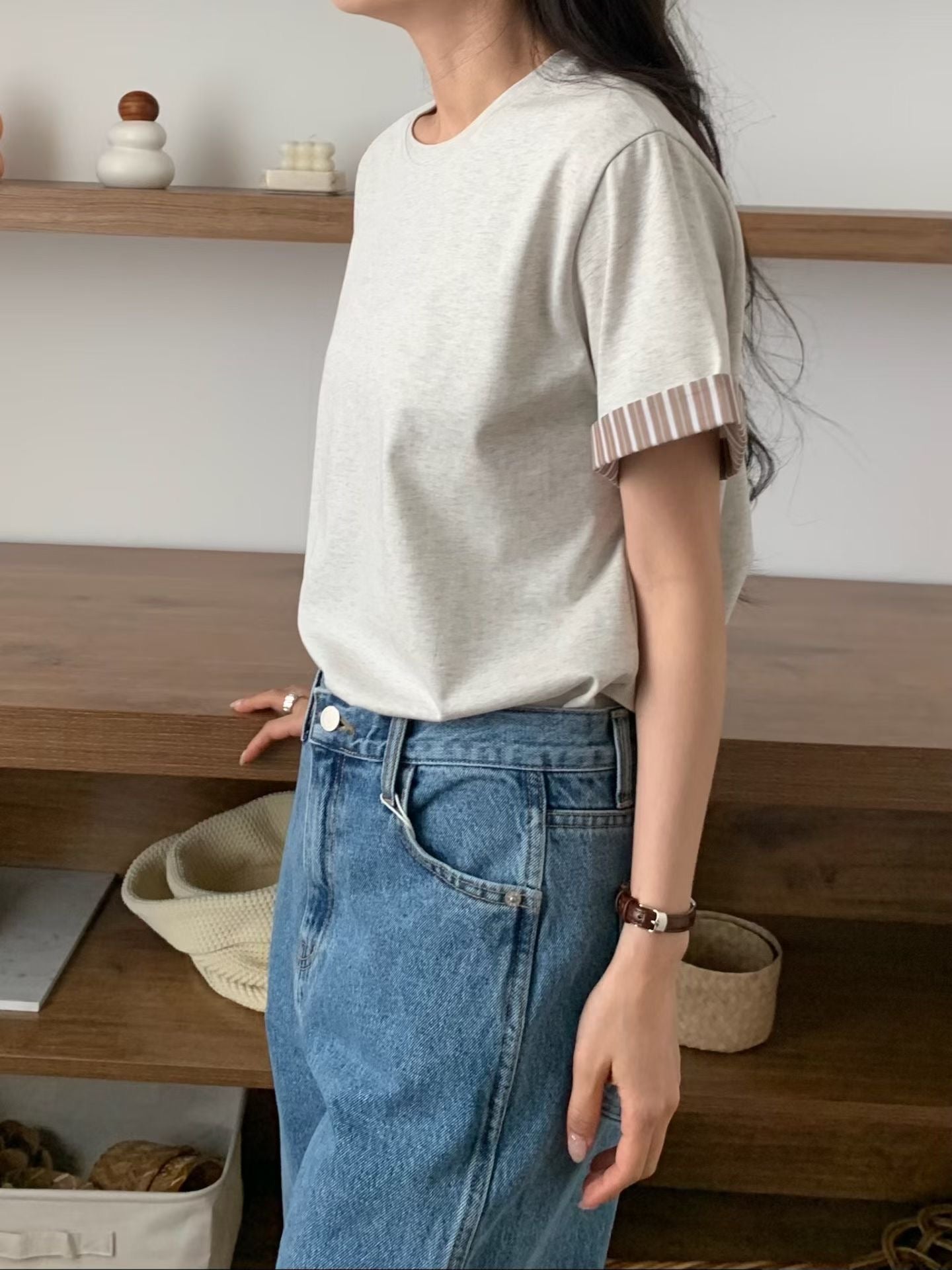 休閑條紋邊Tee