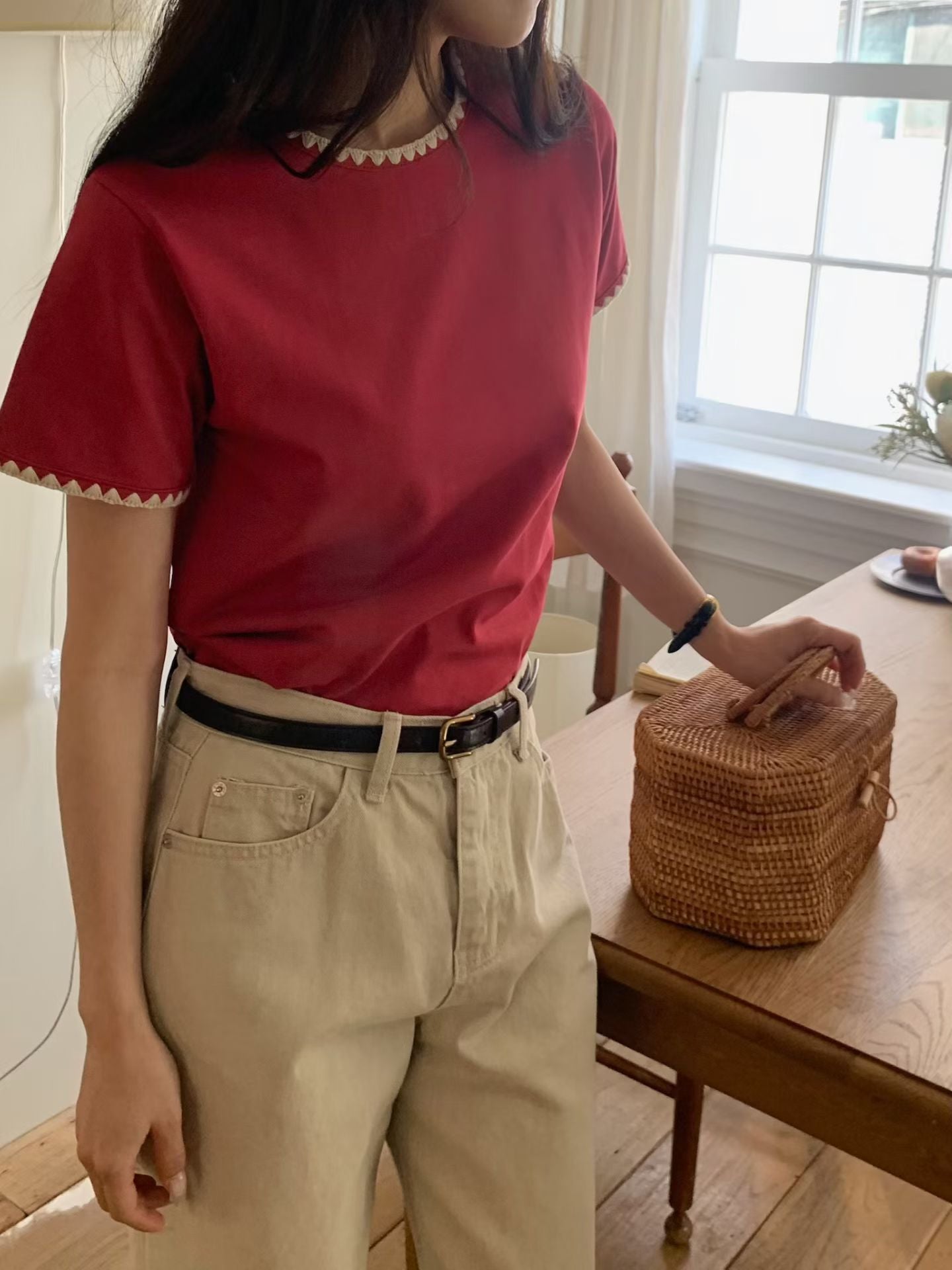休閒針織花邊tee