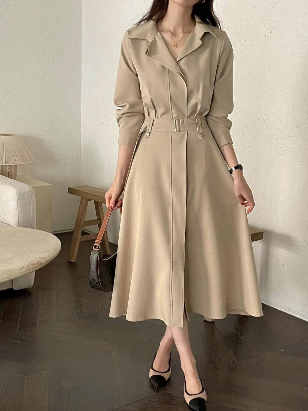 翻領連belt長裙（免熨質地）