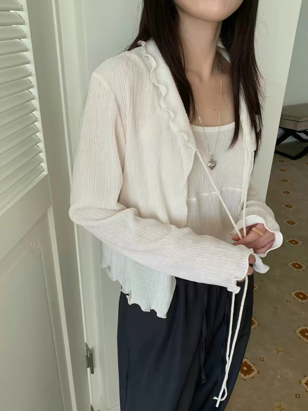 荷葉邊綁帶開衫套裝