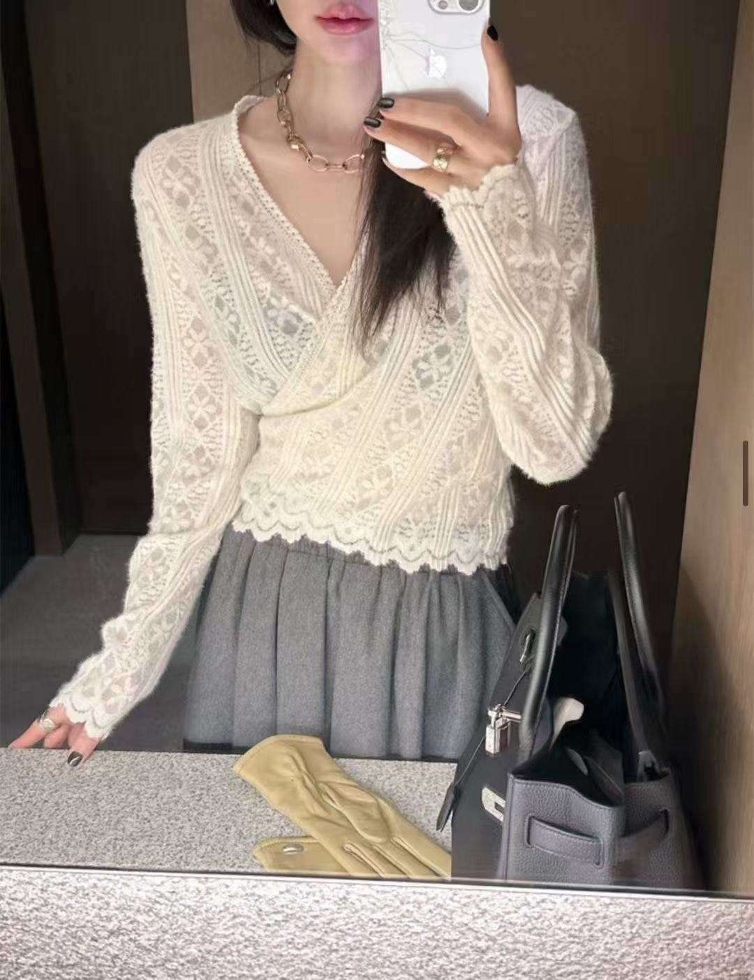 秋冬修身長袖V領蕾絲綁帶開衫