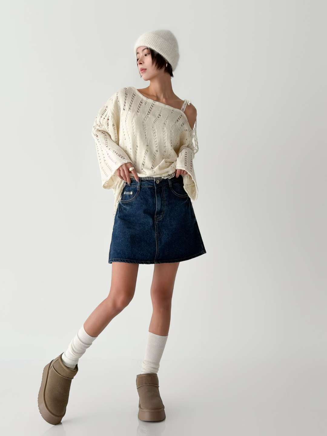 牛仔拼布A字裙（S-L）