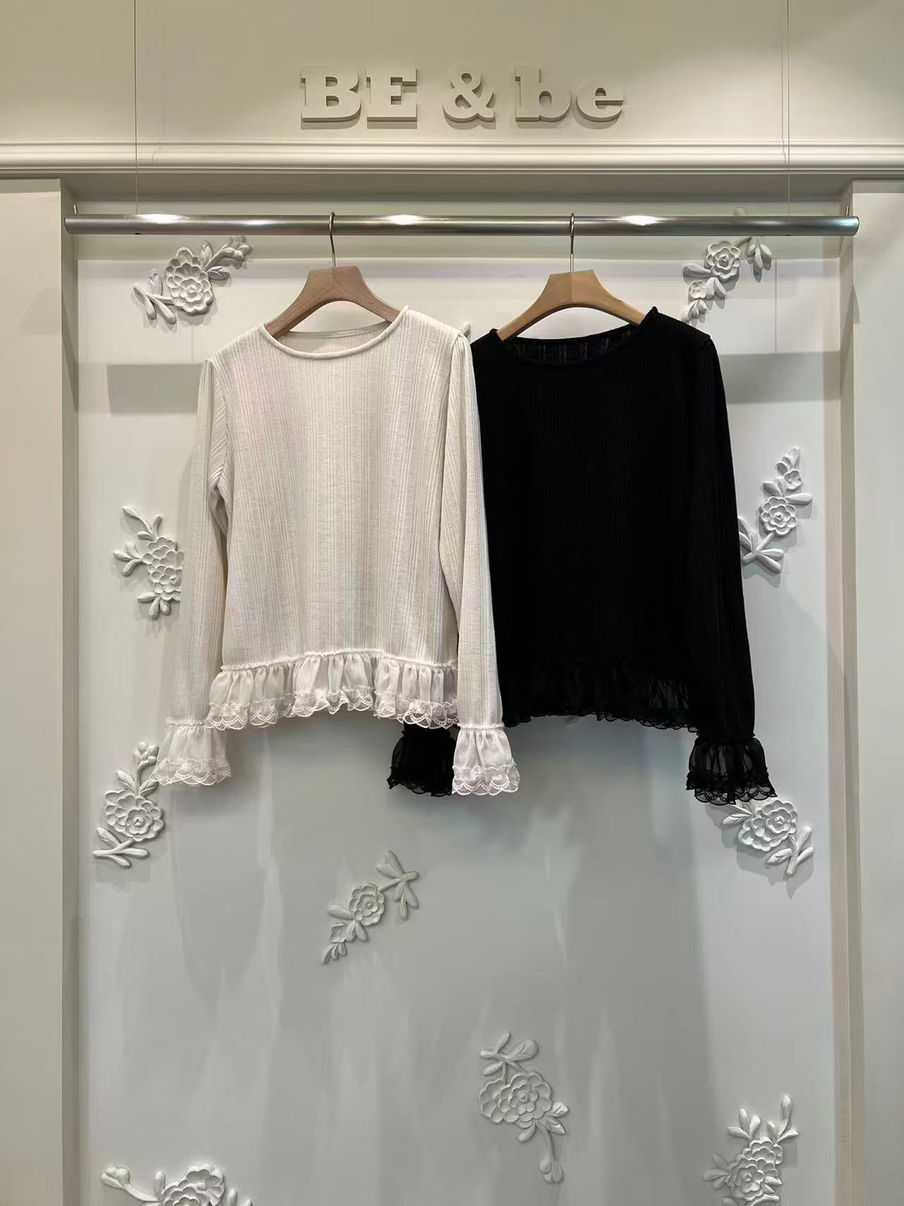 蕾絲邊條紋打底長袖衫