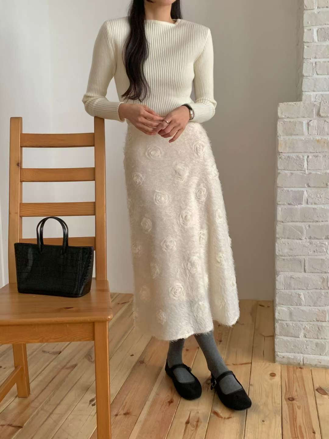 立體玫瑰花毛絨A字裙（S-L)