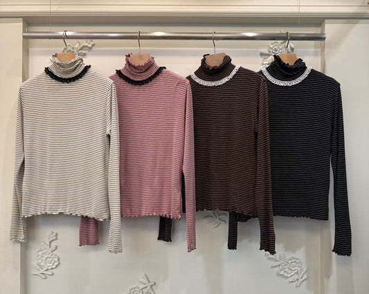 蕾絲高領條紋針織長袖T恤