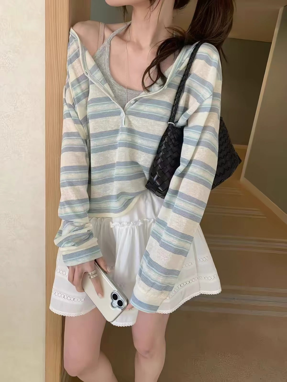 間條開衫上衣￼